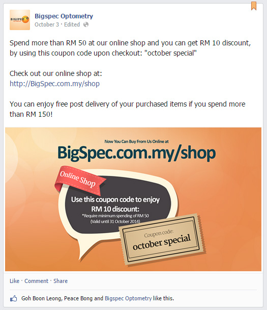 Facebook post to announce special promotion.